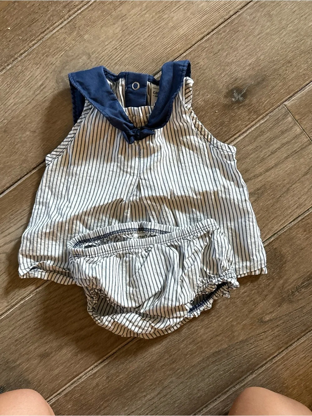 Navy & White Striped Baby Sailor Romper Set